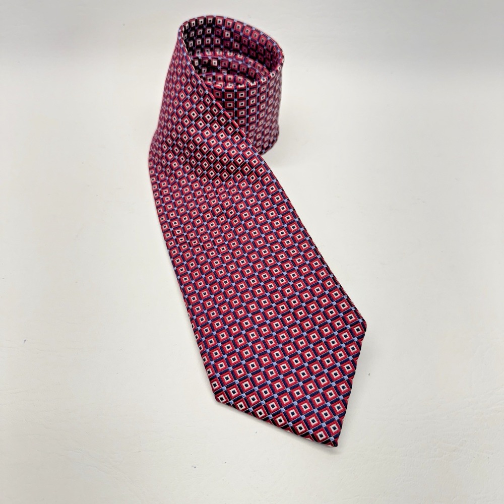 Chaps Silk Necktie Mens OS Red Navy Geometric Square Pattern Classic Preppy Ivy